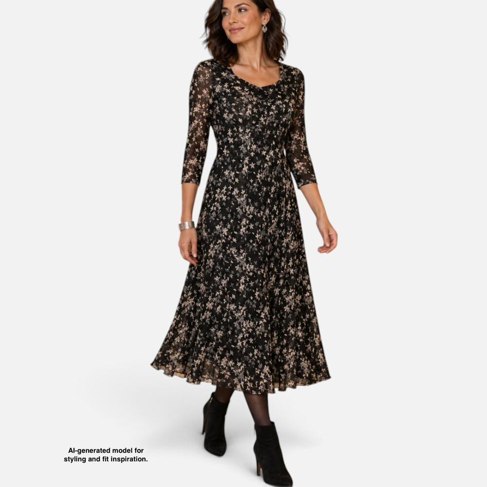 Y2K Dark Floral Mesh Midi Dress Sz M Pintuck Pleated Romantic Goth Norm Thompson